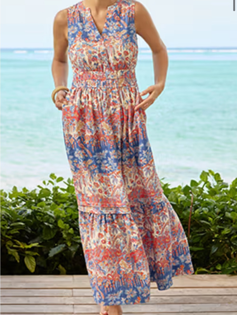J. McLaughlin 100% Linen Maxi Dress Sz Large Flowy Cottagecore Boho Blue Coral